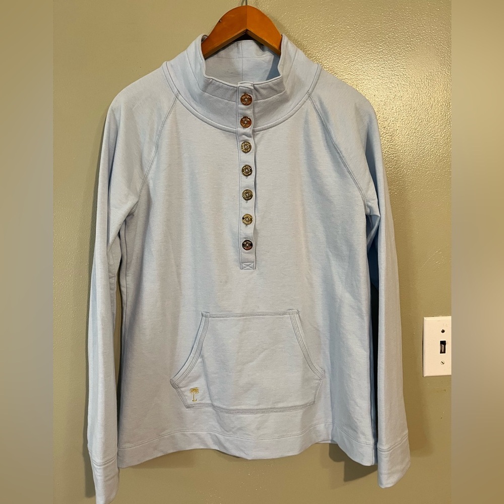 Lilly Pulitzer Light Blue Cowl Neck Sweatshirt 1/2 Snap L